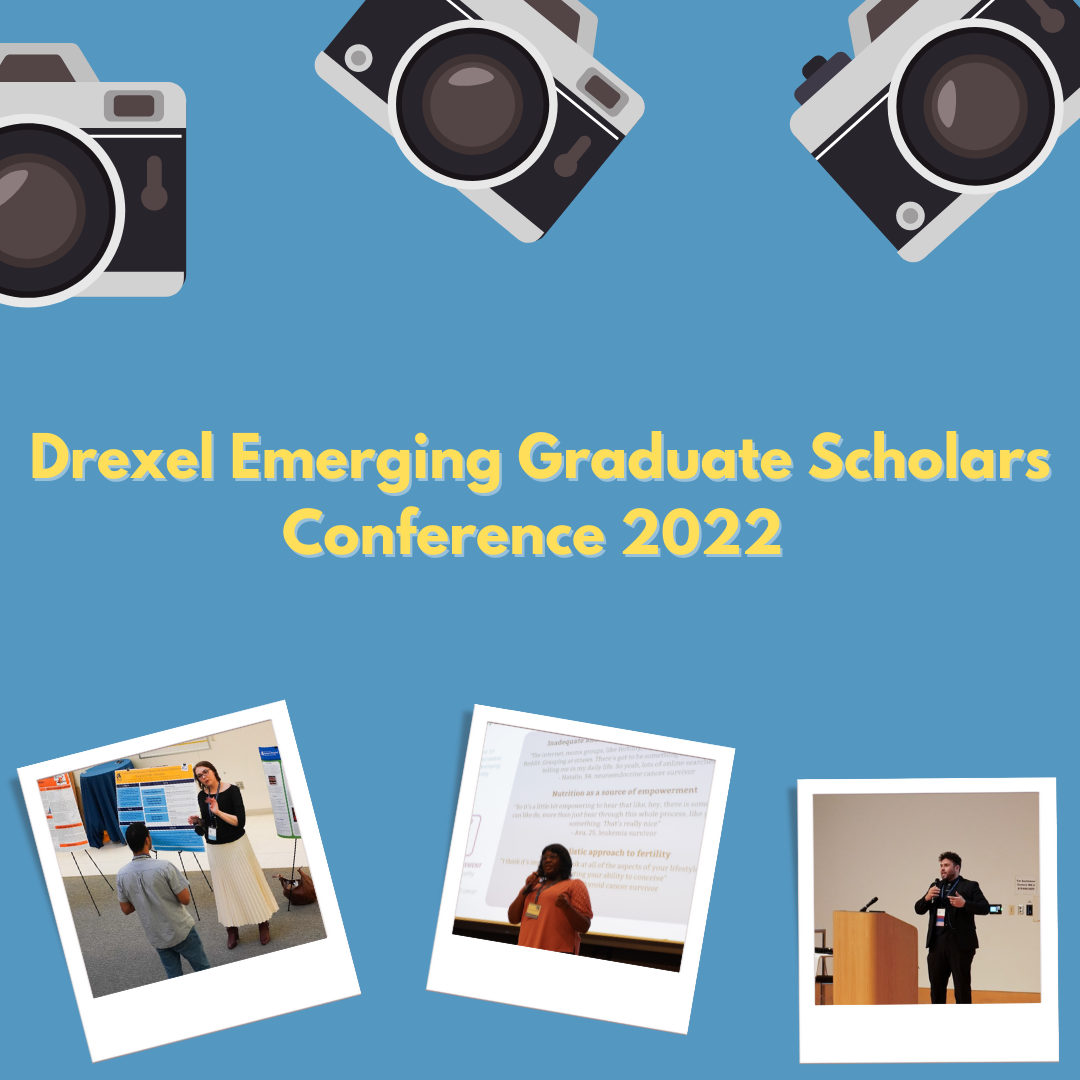 Graphic of cameras surrounding polaroid pictures from the event and the quote "Drexel Emerging Scholars Conference 2022"